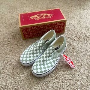 Vans Desert Sage and White Checkerboard Slip-Ons Brand New
